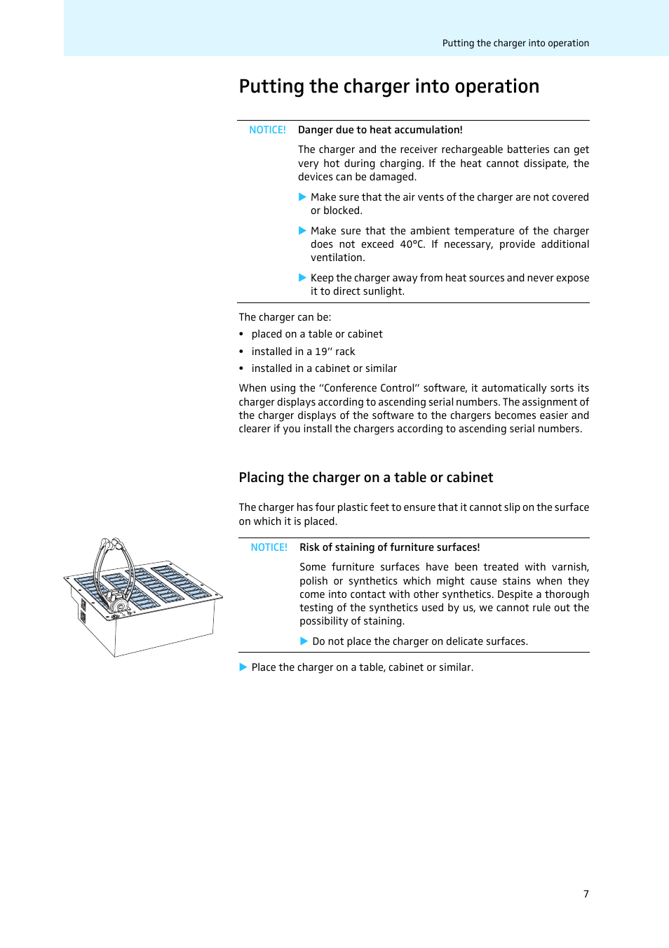 Putting the charger into operation, Placing the charger on a table or cabinet | Sennheiser Tourguide Charger L 2021-40 User Manual | Page 9 / 18