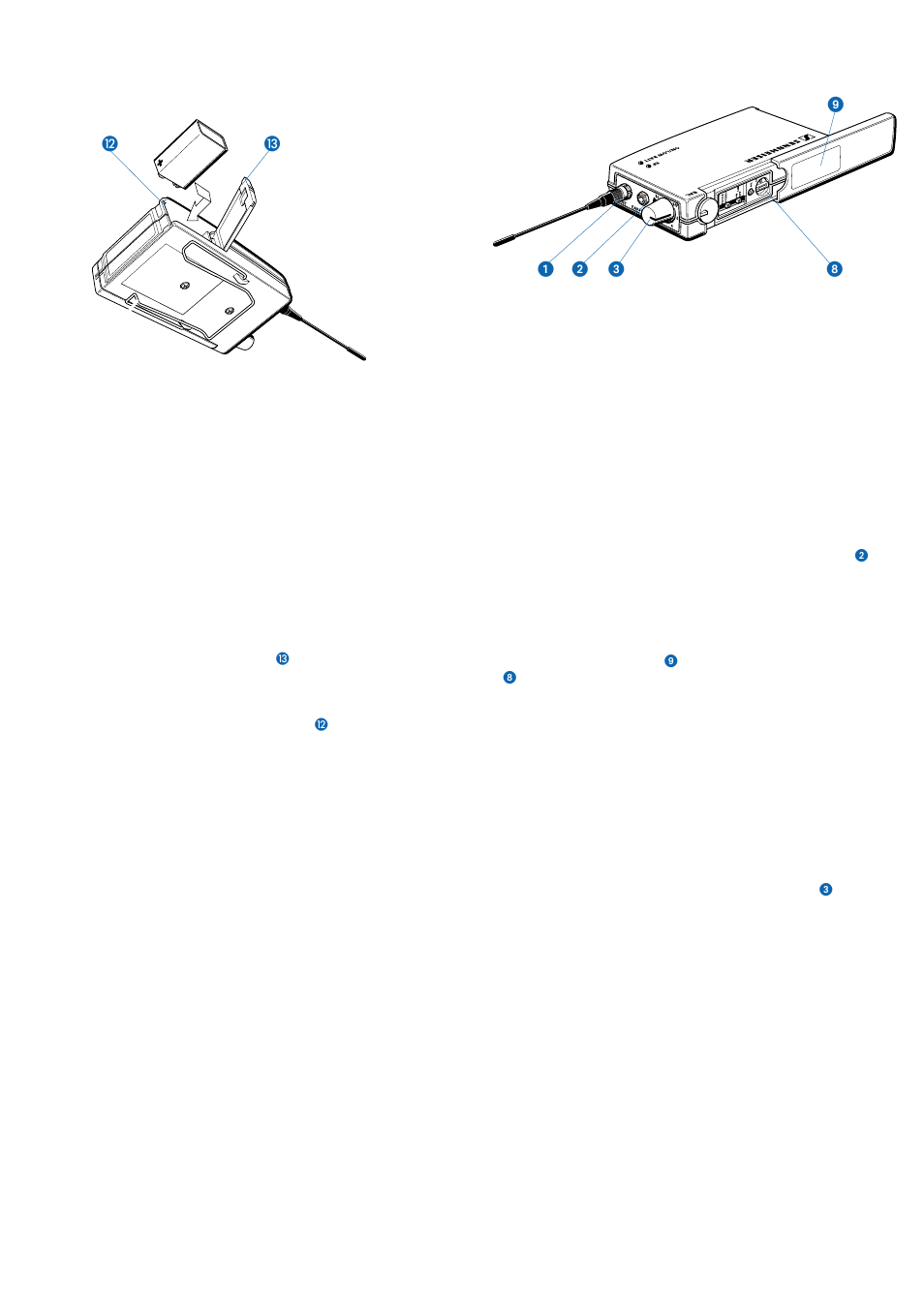 8collegamento cuffia, 9selezione del canale di ricezione, 10 accensione | 5alimentazione con batterie o accumulatore, 6inserimento e cambio delle batterie, 7antenna | Sennheiser EK 3053-U User Manual | Page 23 / 39