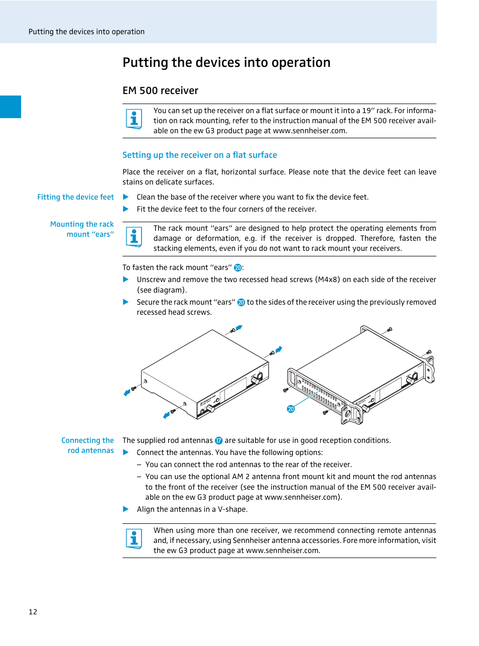 Putting the devices into operation, Em 500 receiver, Setting up the receiver on a flat surface | Fitting the device feet, Mounting the rack mount “ears, Connecting the rod antennas | Sennheiser 500 Series User Manual | Page 14 / 42