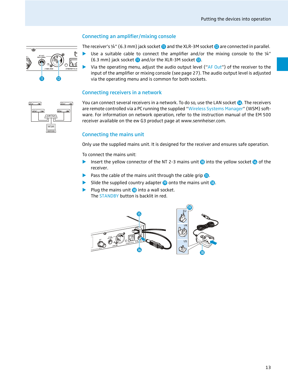 Connecting an amplifier/mixing console, Connecting receivers in a network, Connecting the mains unit | Sennheiser 500 Series User Manual | Page 15 / 42