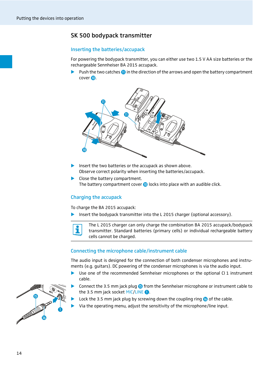 Sk 500 bodypack transmitter, Inserting the batteries/accupack, Charging the accupack | Connecting the microphone cable/instrument cable | Sennheiser 500 Series User Manual | Page 16 / 42