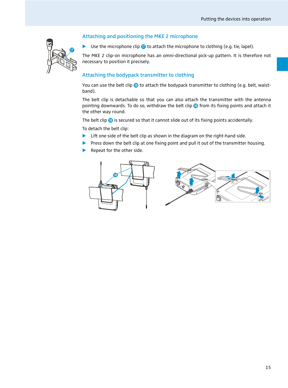 Attaching and positioning the mke 2 microphone, Attaching the bodypack transmitter to clothing | Sennheiser 500 Series User Manual | Page 17 / 42