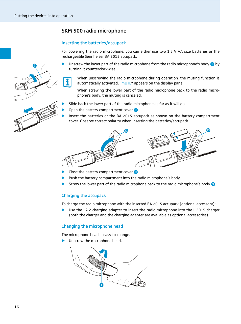 Skm 500 radio microphone, Inserting the batteries/accupack, Charging the accupack | Changing the microphone head | Sennheiser 500 Series User Manual | Page 18 / 42
