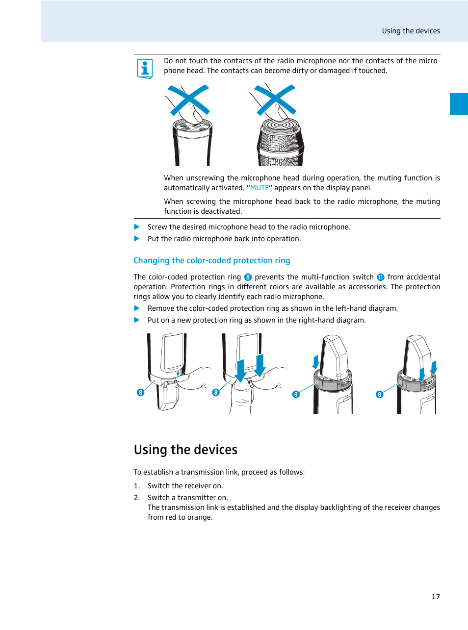 Changing the color-coded protection ring, Using the devices | Sennheiser 500 Series User Manual | Page 19 / 42