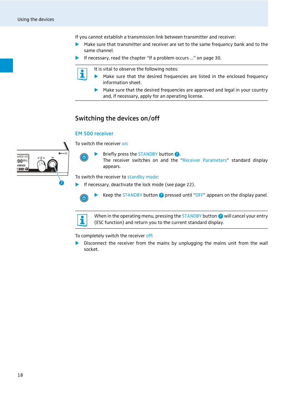 Switching the devices on/off, Em 500 receiver | Sennheiser 500 Series User Manual | Page 20 / 42