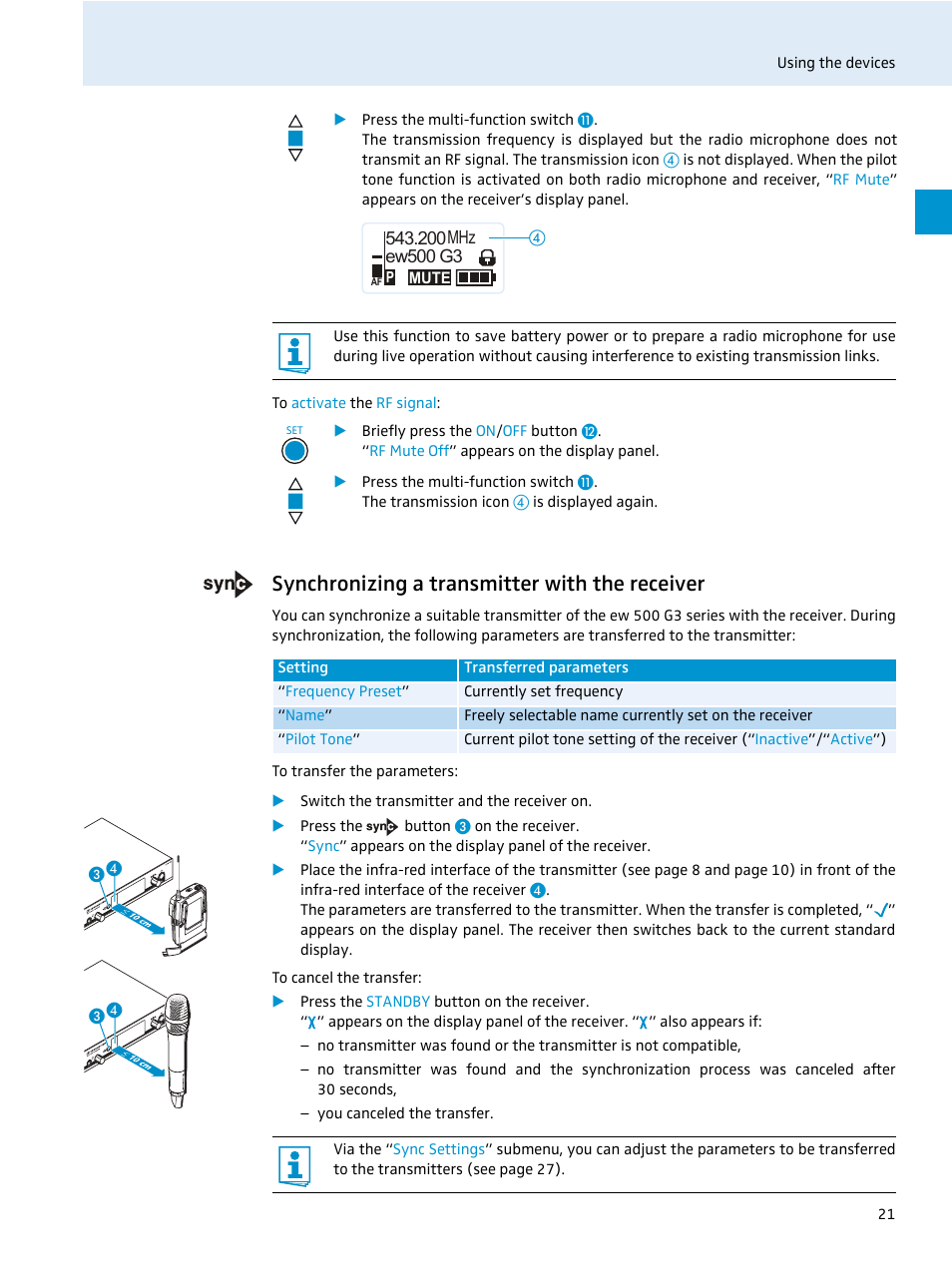 Synchronizing a transmitter with the receiver | Sennheiser 500 Series User Manual | Page 23 / 42