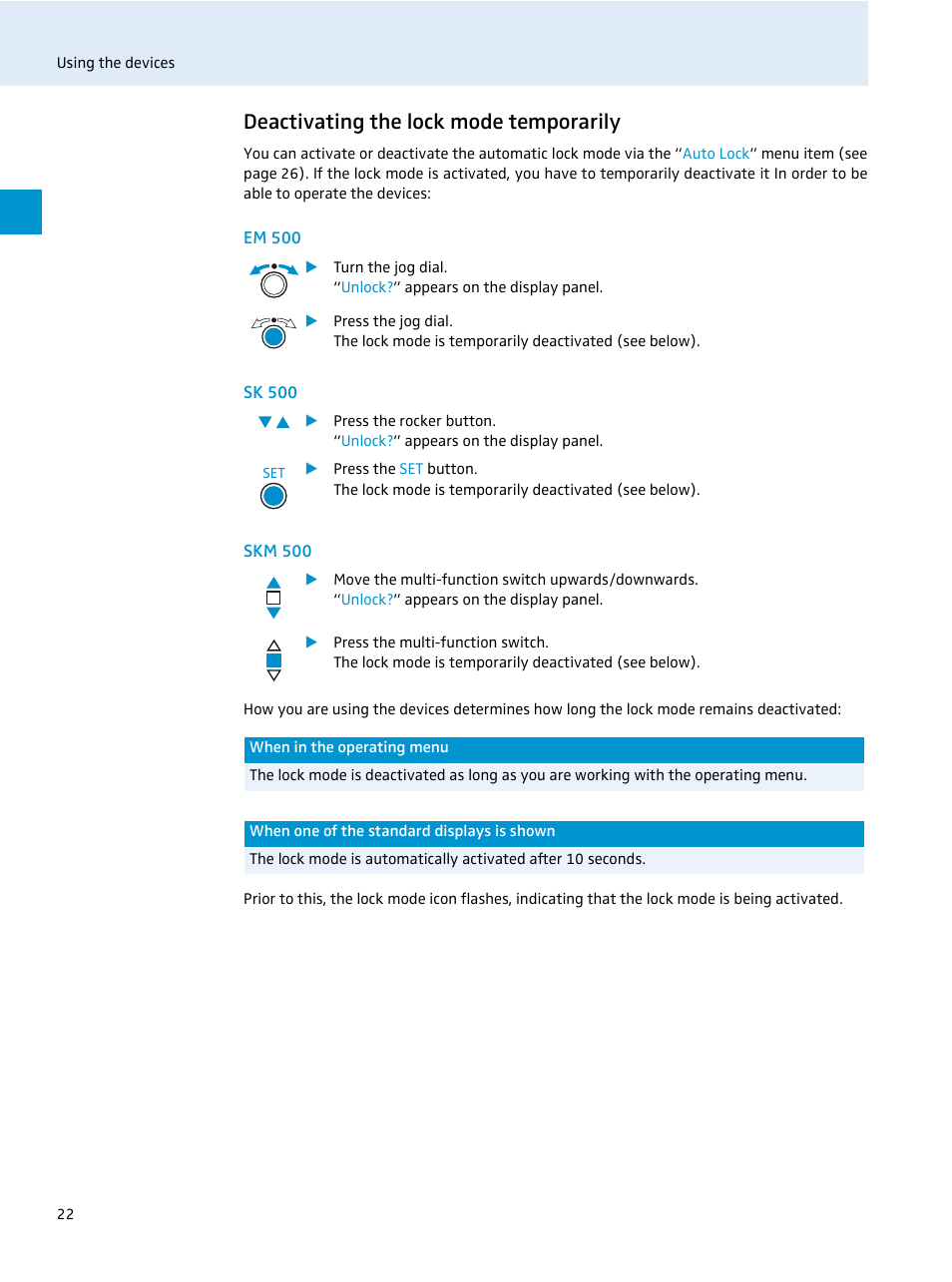 Deactivating the lock mode temporarily, Em 500, Sk 500 | Skm 500 | Sennheiser 500 Series User Manual | Page 24 / 42