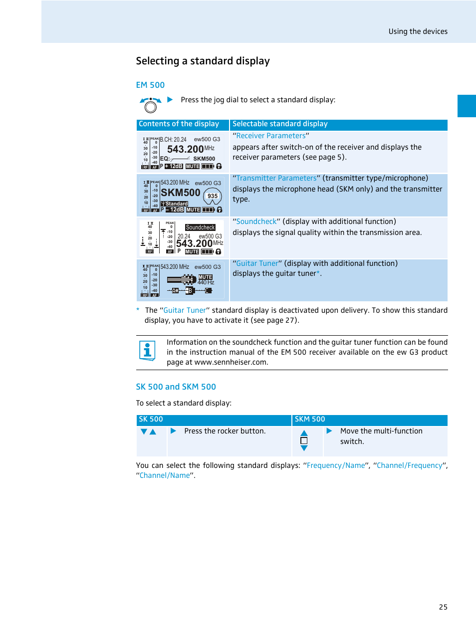 Selecting a standard display, Em 500, Sk 500 and skm 500 | Skm500 | Sennheiser 500 Series User Manual | Page 27 / 42