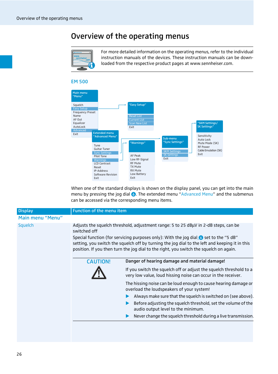 Overview of the operating menus, Em 500, Main menu “menu | Caution | Sennheiser 500 Series User Manual | Page 28 / 42