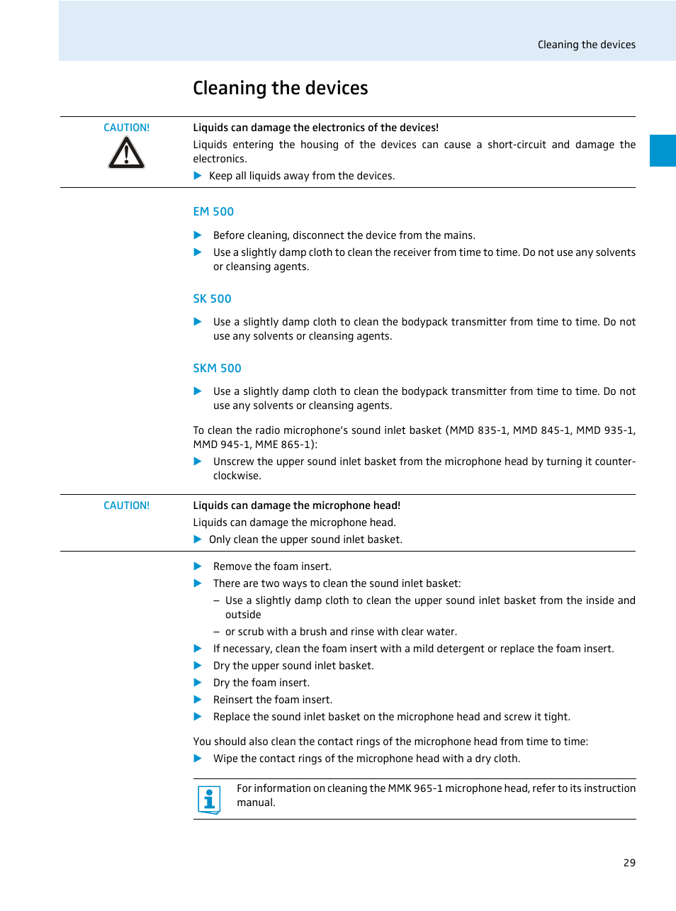 Cleaning the devices, Em 500, Sk 500 | Skm 500 | Sennheiser 500 Series User Manual | Page 31 / 42