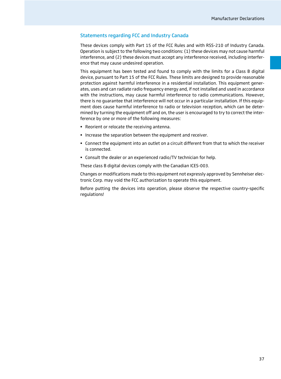 Statements regarding fcc and industry canada | Sennheiser 500 Series User Manual | Page 39 / 42