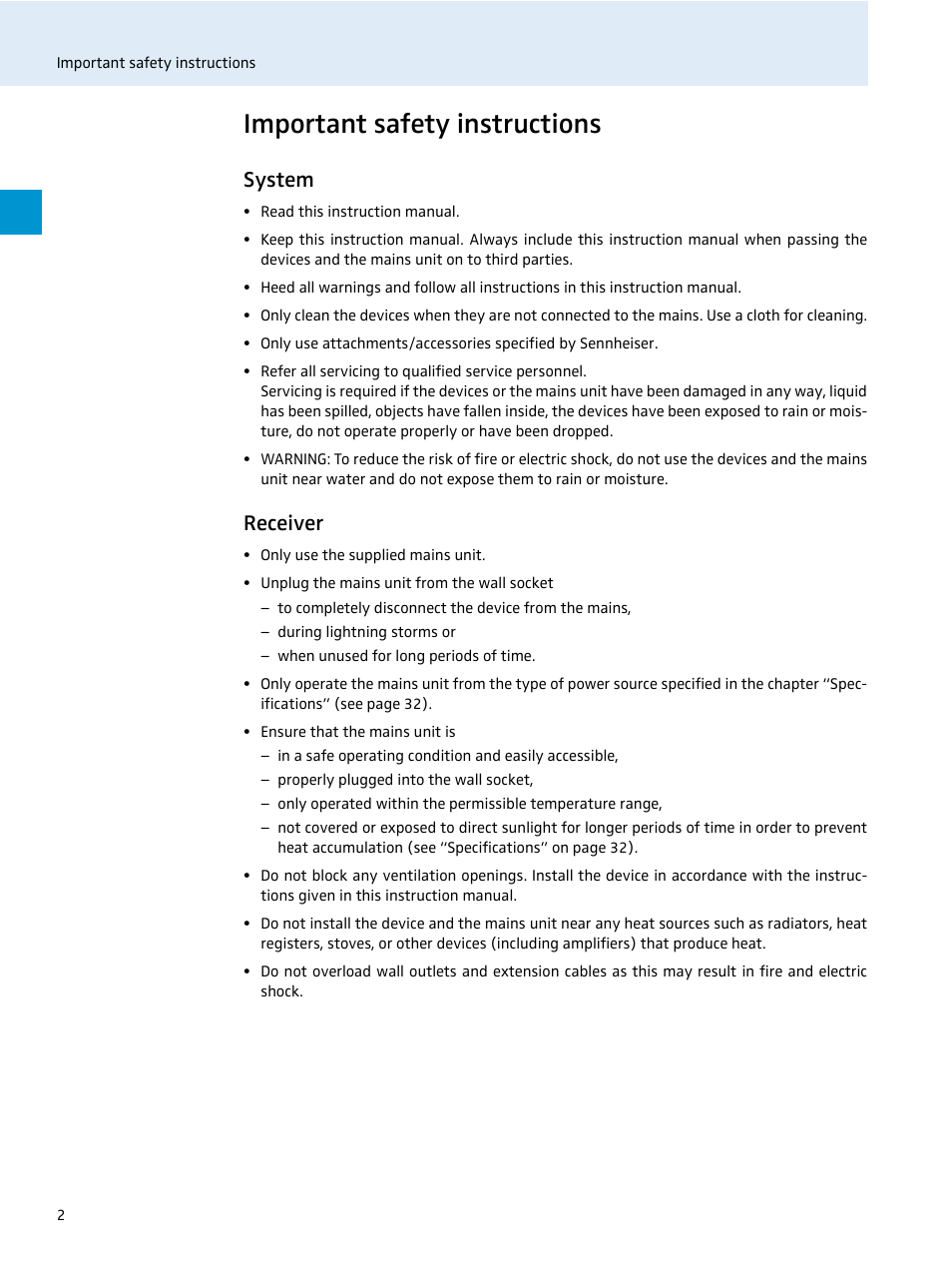 Important safety instructions, System, Receiver | Sennheiser 500 Series User Manual | Page 4 / 42