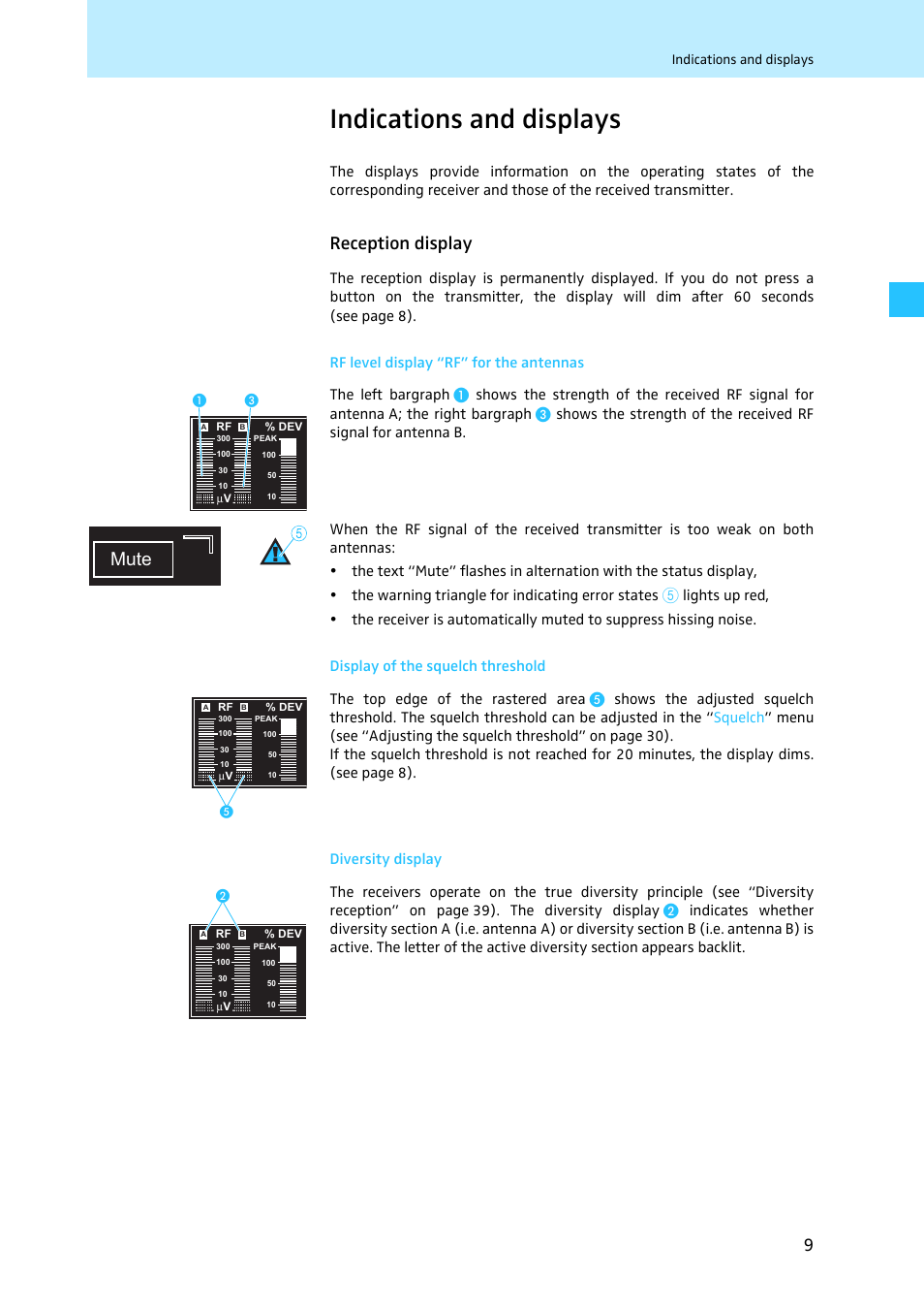 Indications and displays, Reception display, Rf level display “rf” for the antennas | Display of the squelch threshold, Diversity display, Mute | Sennheiser EM 3731 User Manual | Page 11 / 47