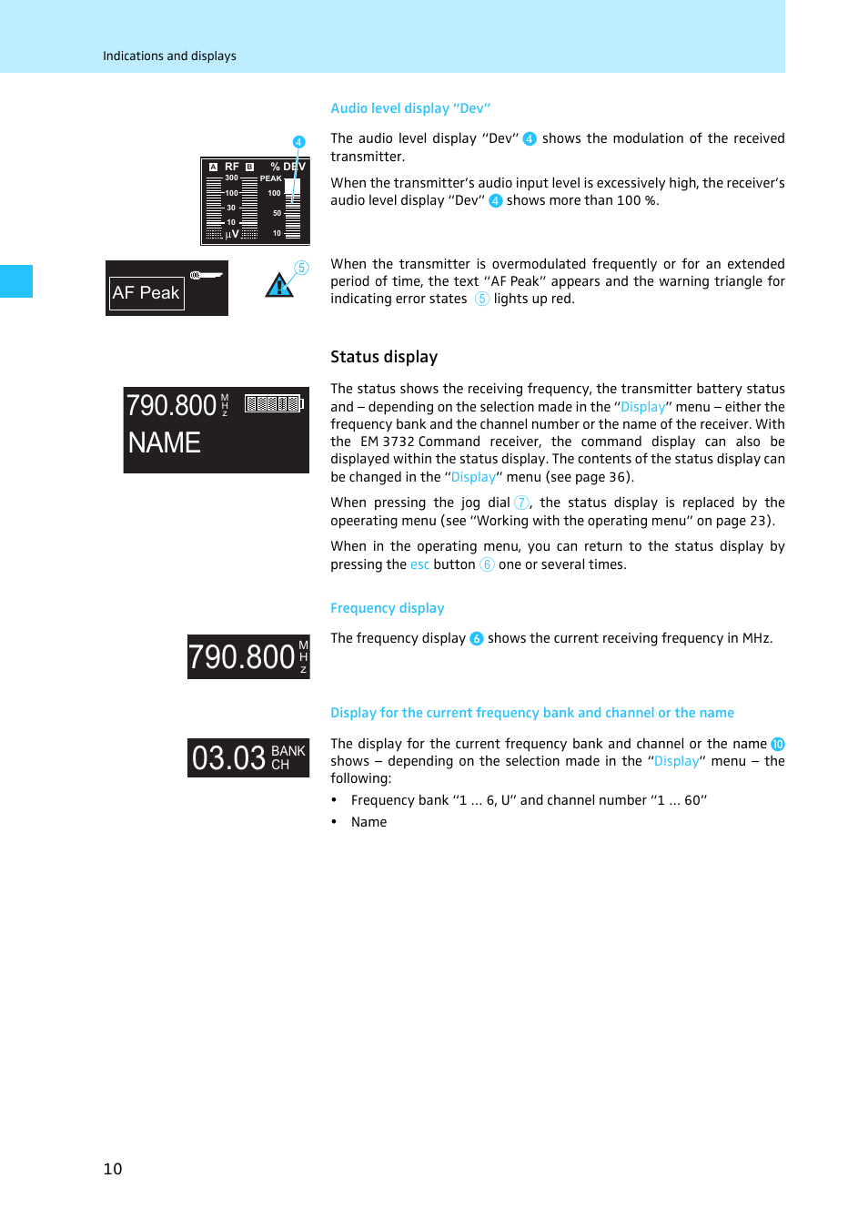 Audio level display “dev, Status display, Frequency display | 800 name, Af peak | Sennheiser EM 3731 User Manual | Page 12 / 47