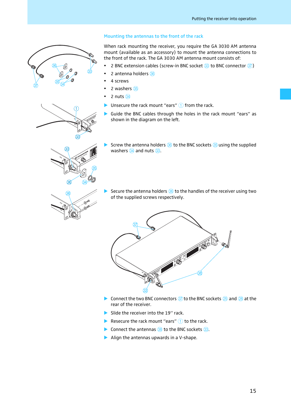 Mounting the antennas to the front of the rack, Er (see | Sennheiser EM 3731 User Manual | Page 17 / 47