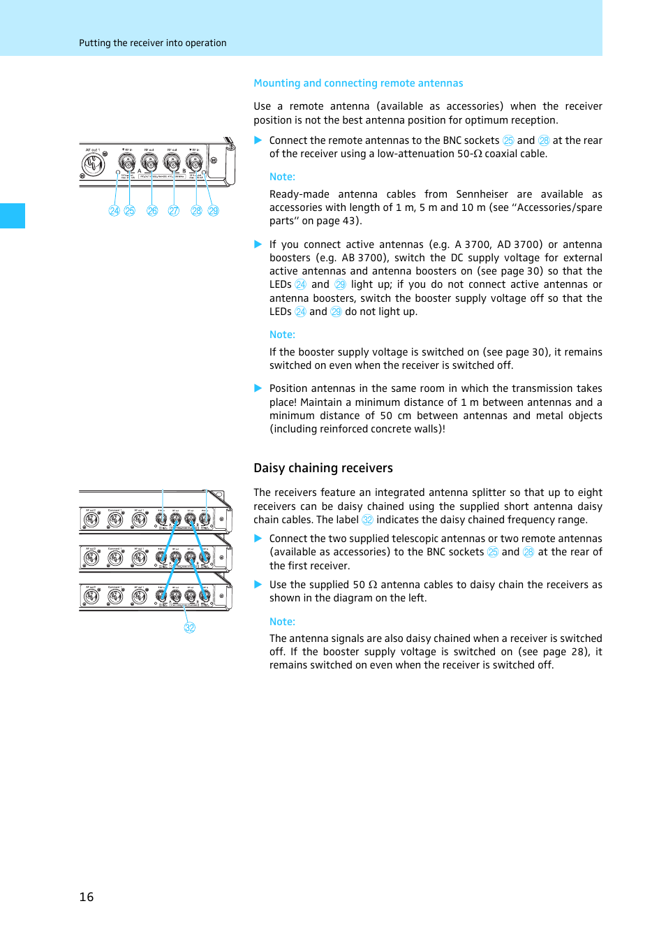 Mounting and connecting remote antennas, Daisy chaining receivers, Daisy chaining up to eight twin receivers | See “mounting and | Sennheiser EM 3731 User Manual | Page 18 / 47