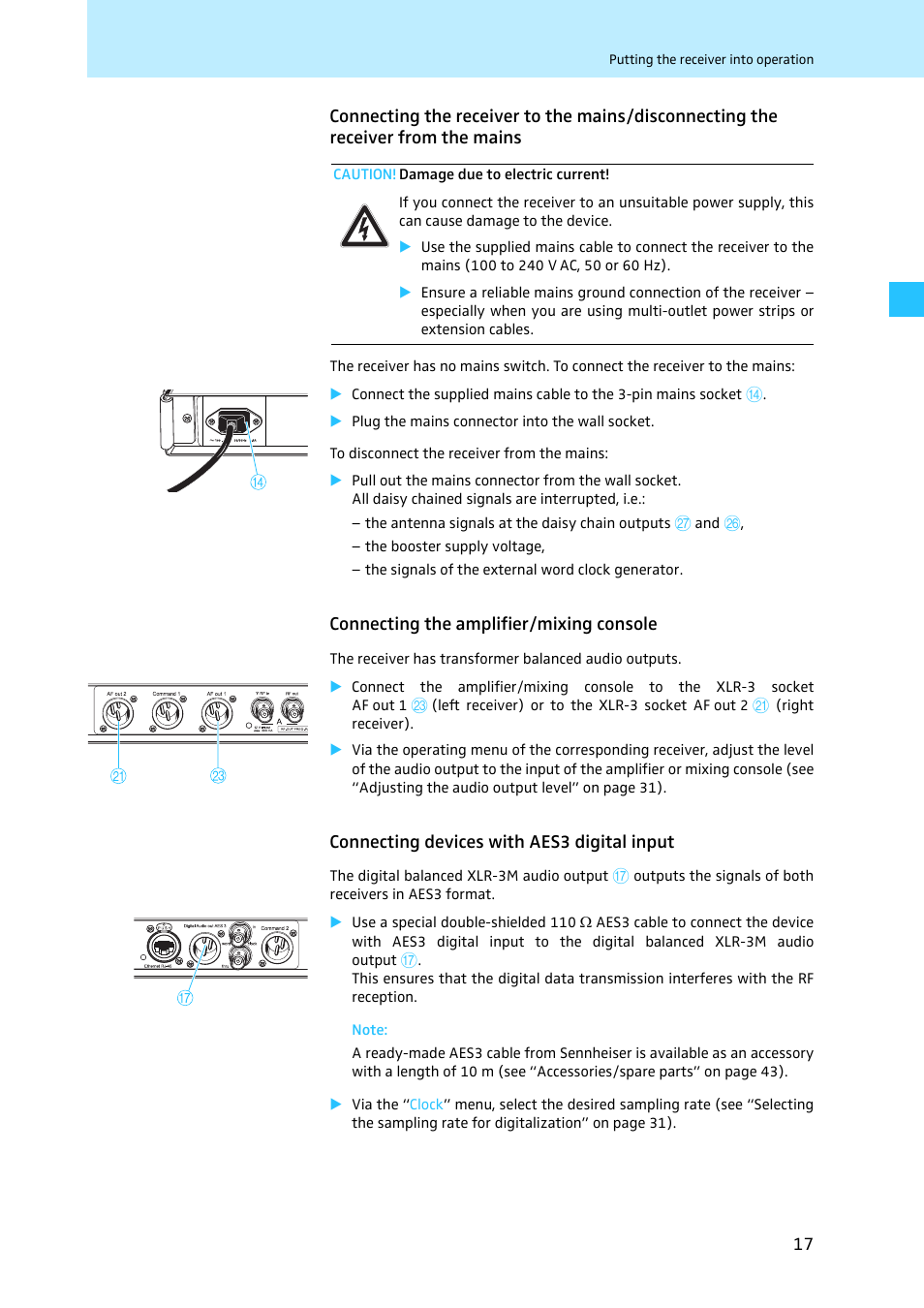 Connecting the amplifier/mixing console, Connecting devices with aes3 digital input | Sennheiser EM 3731 User Manual | Page 19 / 47