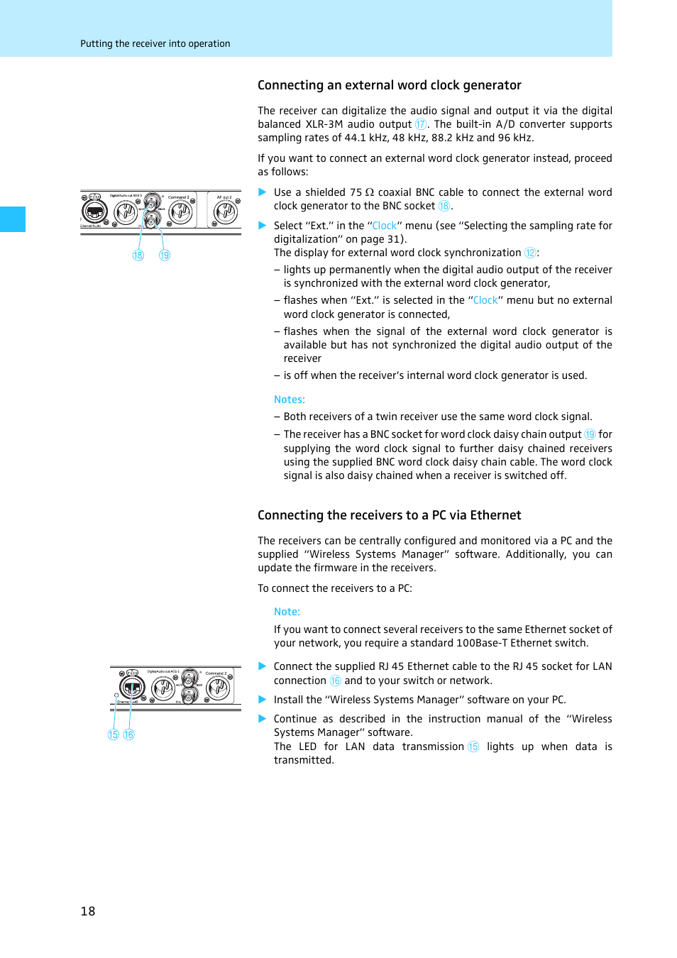 Connecting an external word clock generator, Connecting the receivers to a pc via ethernet | Sennheiser EM 3731 User Manual | Page 20 / 47