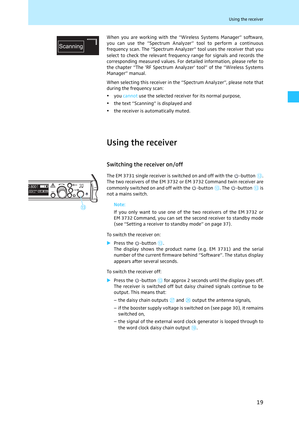 Using the receiver, Switching the receiver on/off, Scanning | Sennheiser EM 3731 User Manual | Page 21 / 47