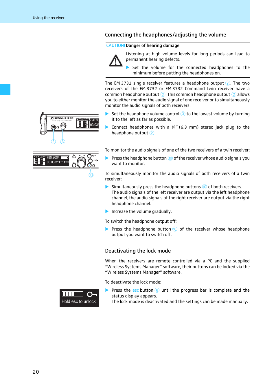Connecting the headphones/adjusting the volume, Deactivating the lock mode, Hold esc to unlock | This common headphone output | Sennheiser EM 3731 User Manual | Page 22 / 47