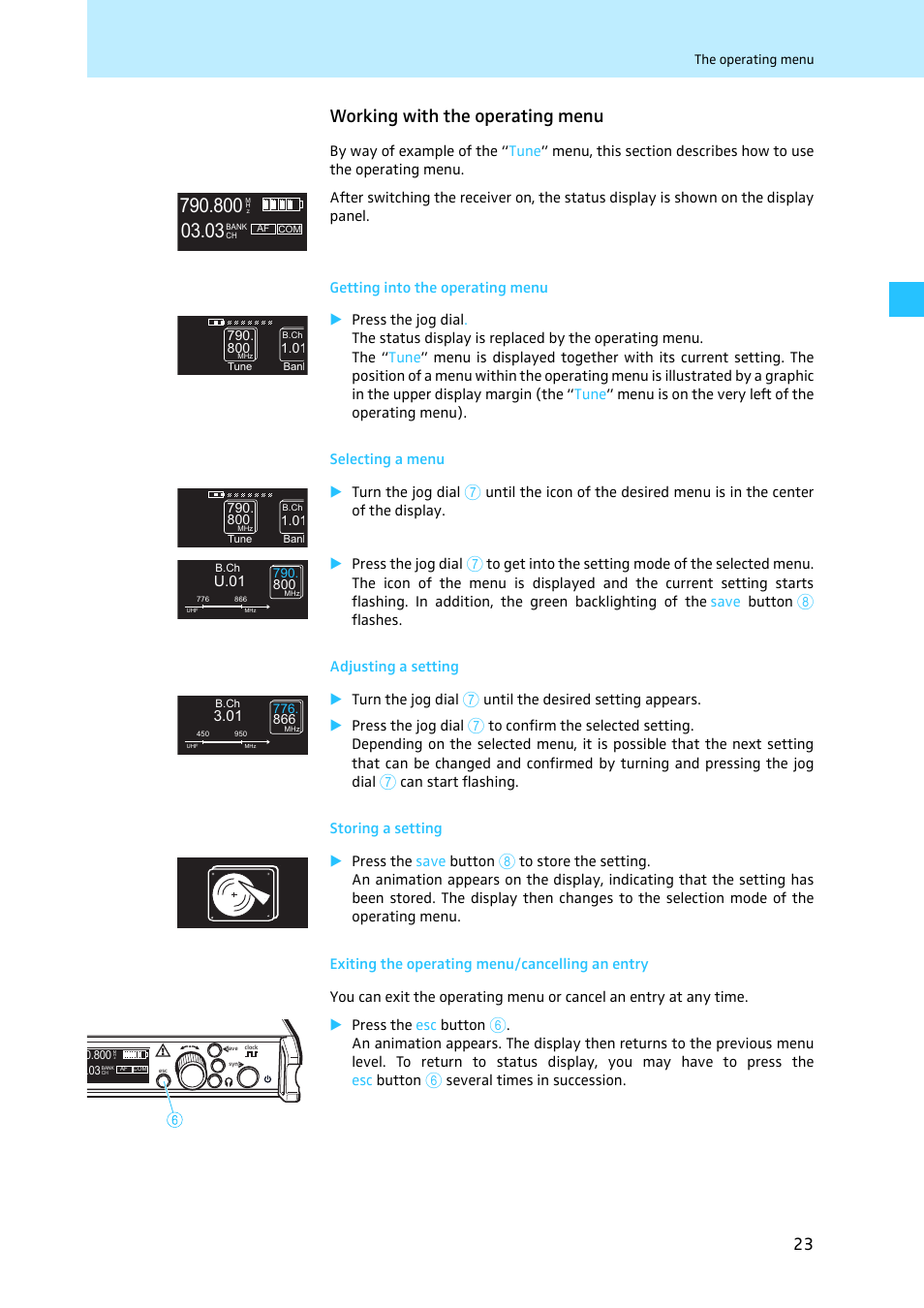 Working with the operating menu, Getting into the operating menu, Selecting a menu | Adjusting a setting, Storing a setting, Exiting the operating menu/cancelling an entry | Sennheiser EM 3731 User Manual | Page 25 / 47
