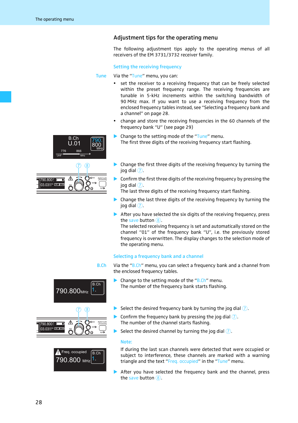 Adjustment tips for the operating menu, Setting the receiving frequency, Selecting a frequency bank and a channel | U.01 | Sennheiser EM 3731 User Manual | Page 30 / 47