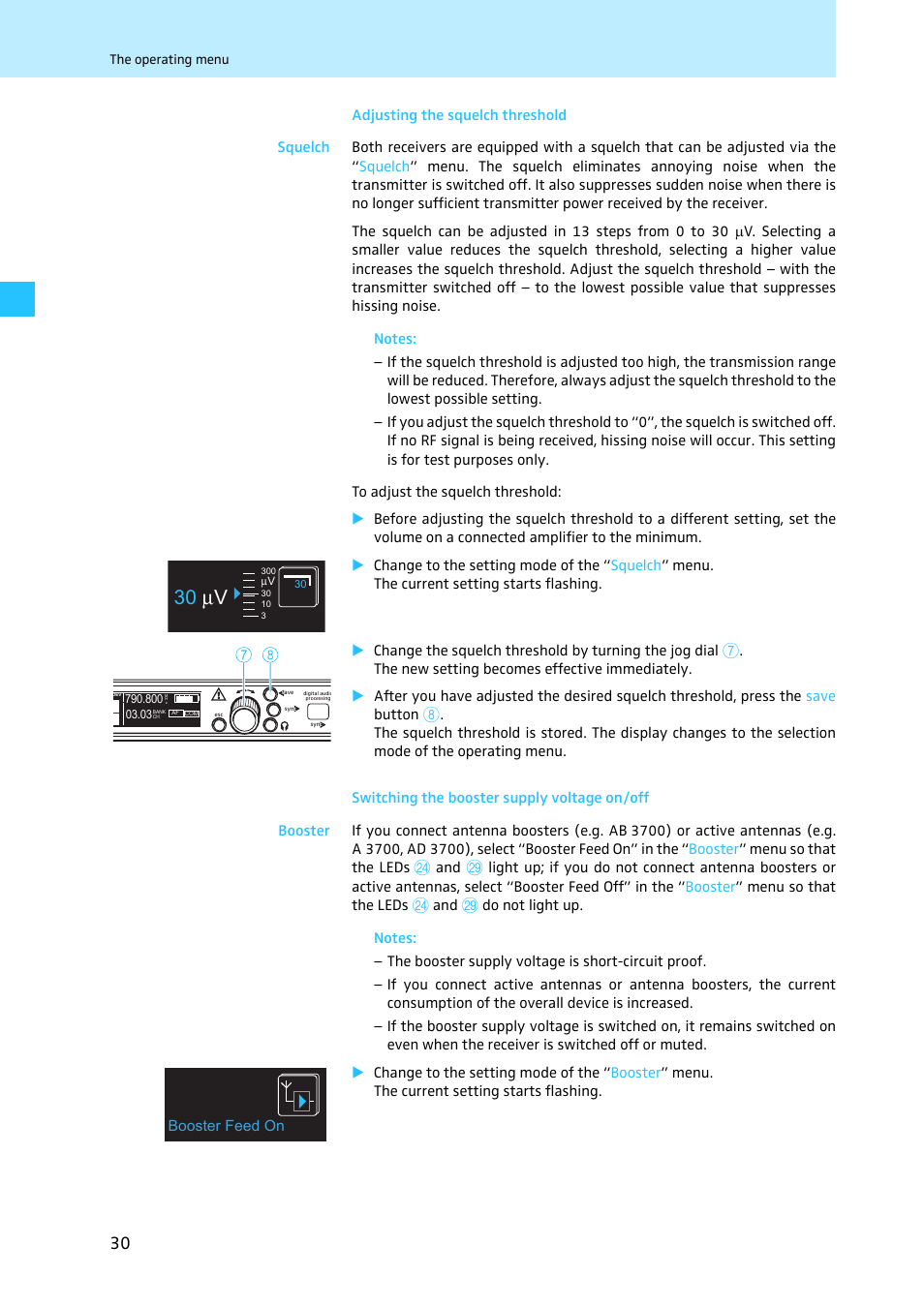 Adjusting the squelch threshold, Switching the booster supply voltage on/off, 30 µv | Sennheiser EM 3731 User Manual | Page 32 / 47