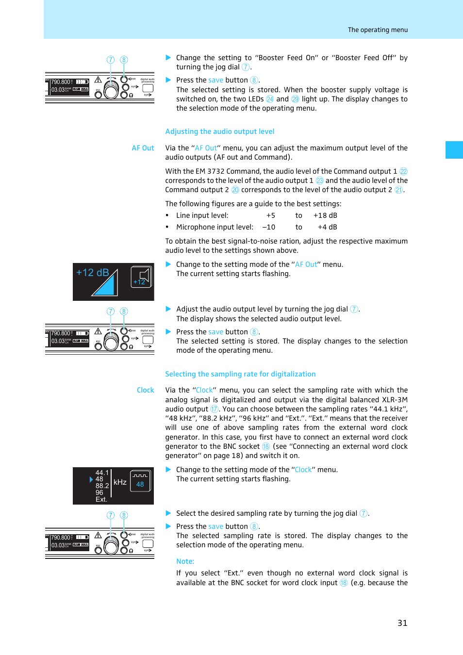 Adjusting the audio output level, Selecting the sampling rate for digitalization, Ling rate (see “selecting | Nu (see “selecting the sampling rate for, 12 db | Sennheiser EM 3731 User Manual | Page 33 / 47