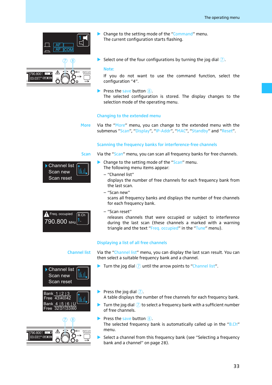 Changing to the extended menu, Displaying a list of all free channels | Sennheiser EM 3731 User Manual | Page 35 / 47
