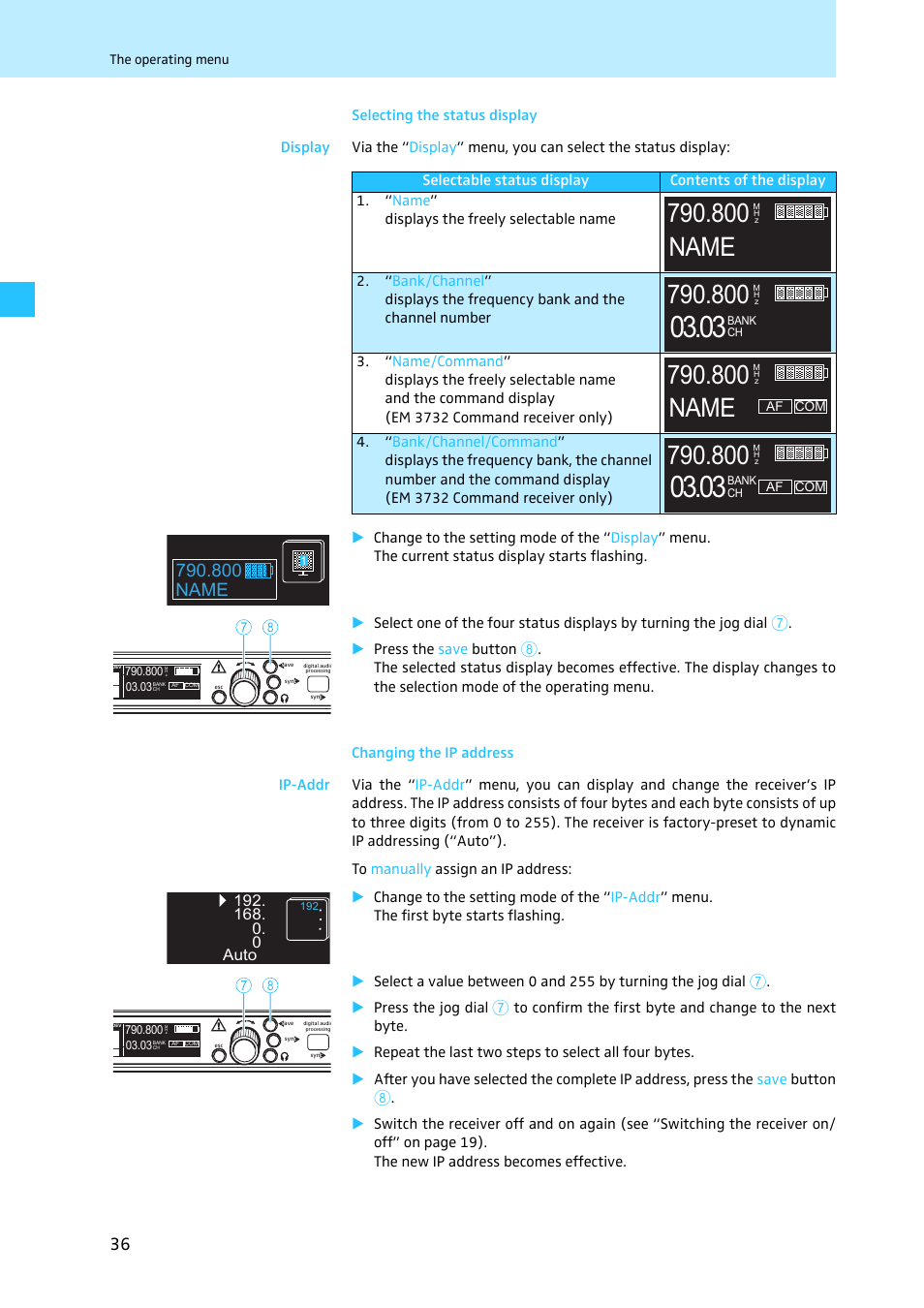 Selecting the status display, Changing the ip address, 800 name | Sennheiser EM 3731 User Manual | Page 38 / 47