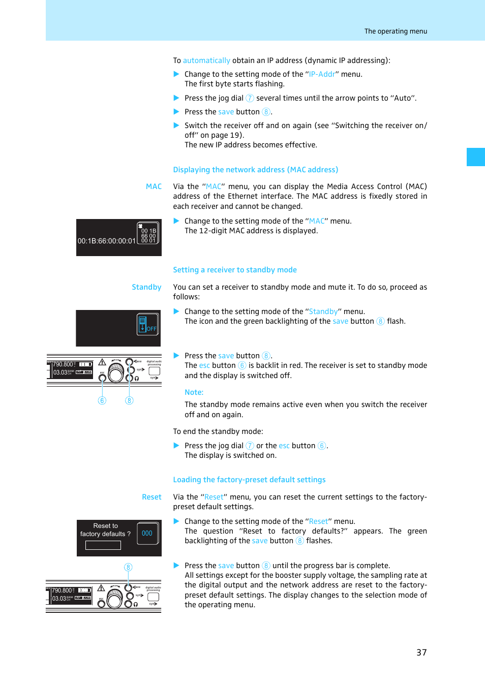 Displaying the network address (mac address), Setting a receiver to standby mode, Loading the factory-preset default settings | Sennheiser EM 3731 User Manual | Page 39 / 47