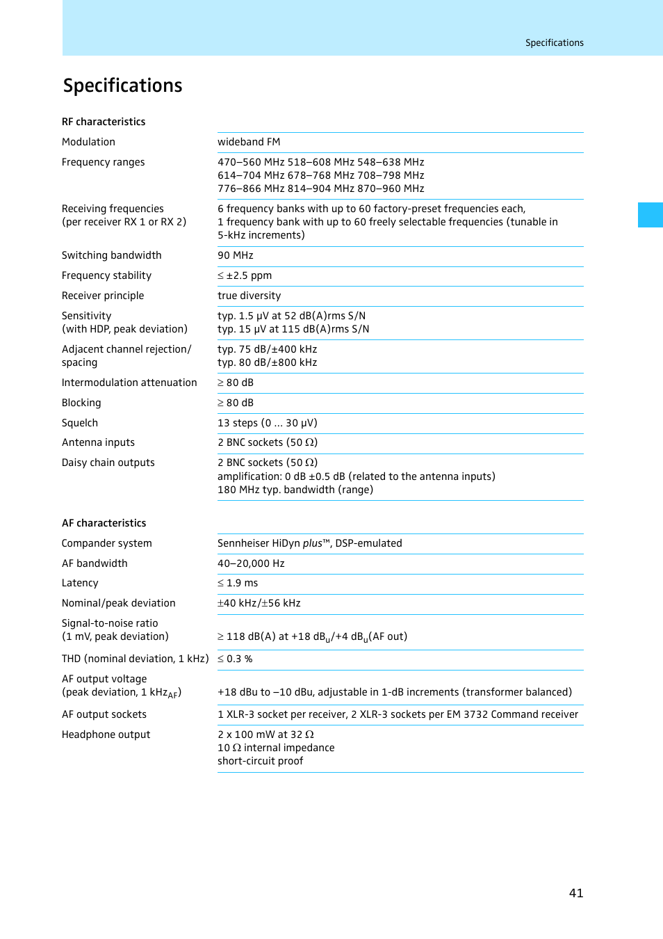 Specifications | Sennheiser EM 3731 User Manual | Page 43 / 47