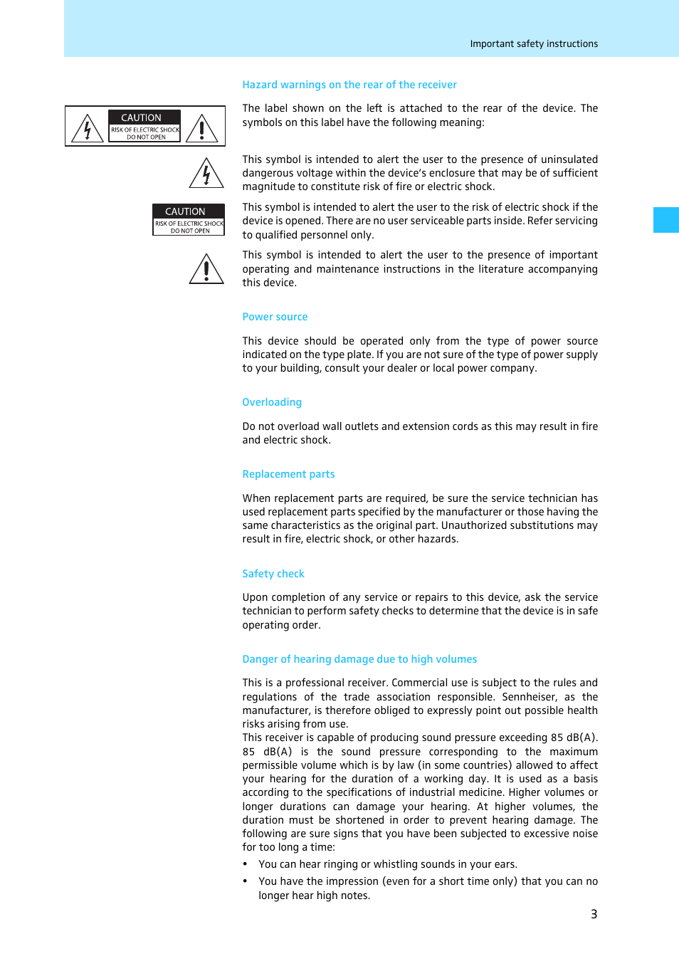 Hazard warnings on the rear of the receiver, Power source, Overloading | Replacement parts, Safety check, Danger of hearing damage due to high volumes | Sennheiser EM 3731 User Manual | Page 5 / 47