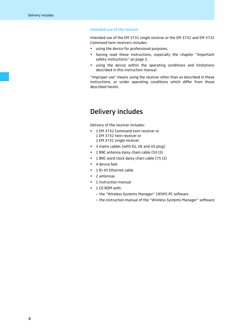 Intended use of the receiver, Delivery includes | Sennheiser EM 3731 User Manual | Page 6 / 47