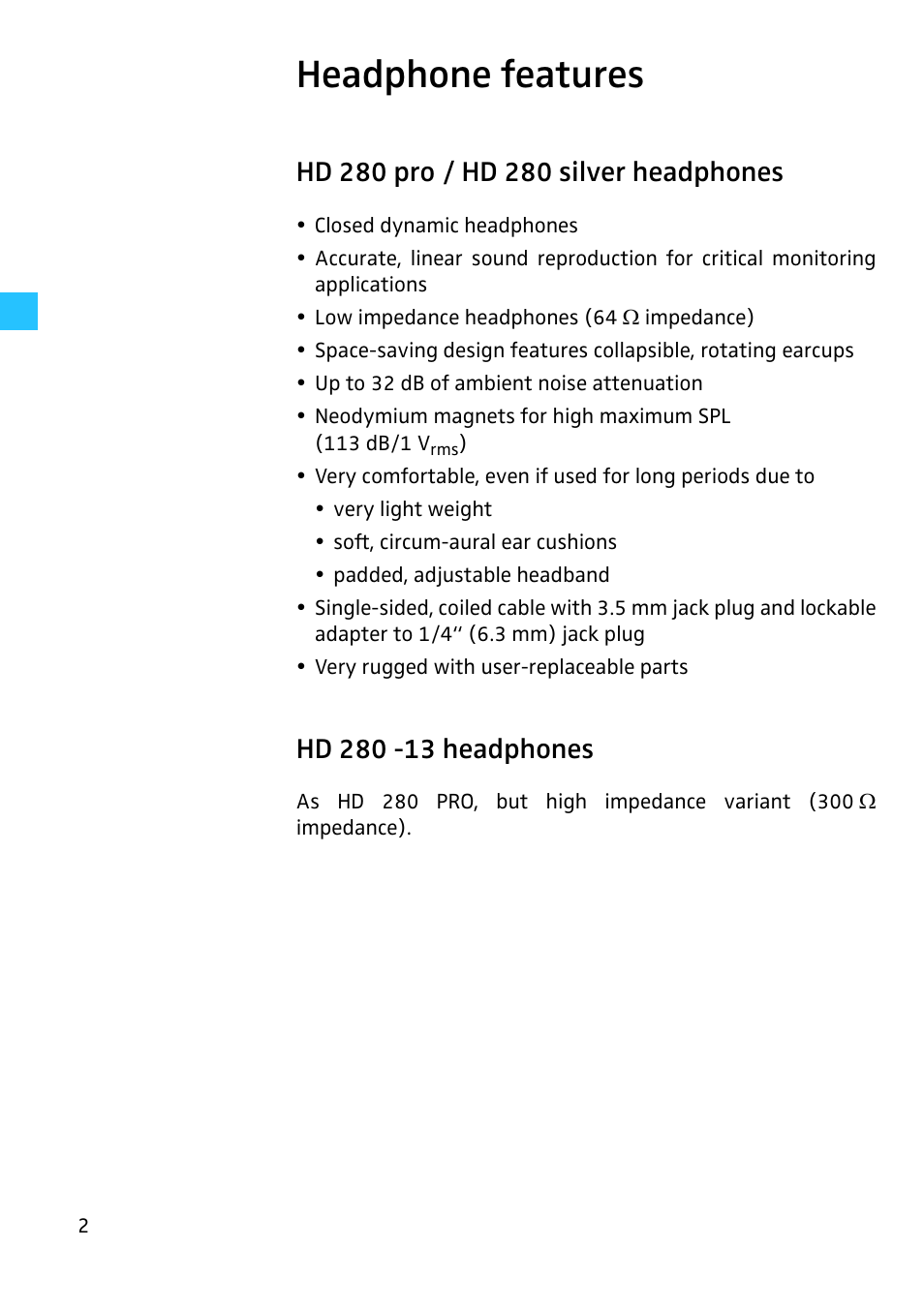 Headphone features, Hd 280 pro / hd 280 silver headphones, Hd 280 -13 headphones | Sennheiser HD 280 User Manual | Page 3 / 13