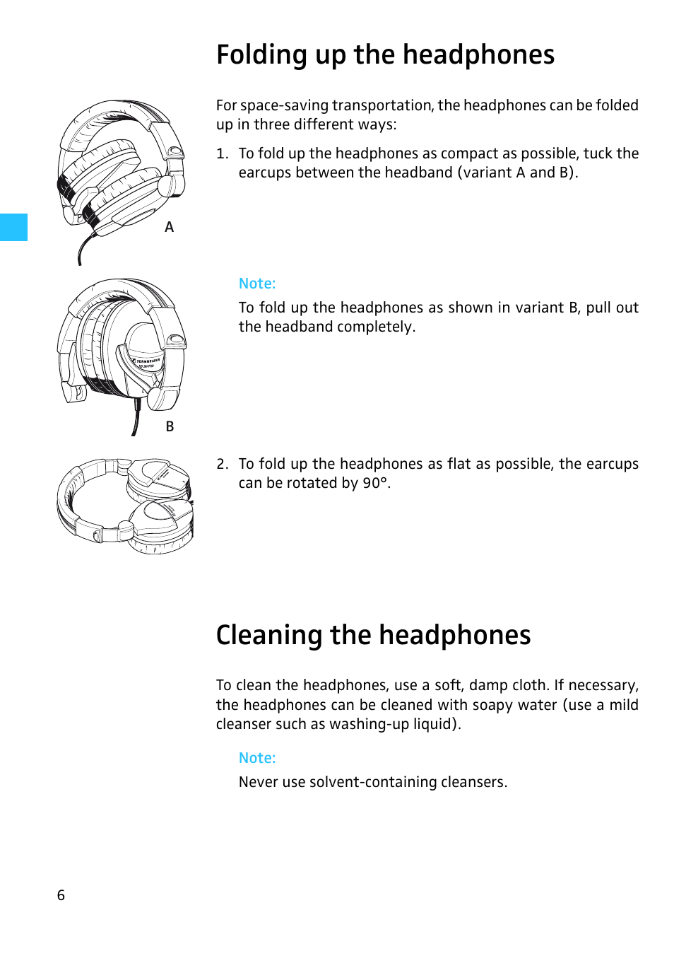 Folding up the headphones, Cleaning the headphones | Sennheiser HD 280 User Manual | Page 7 / 13