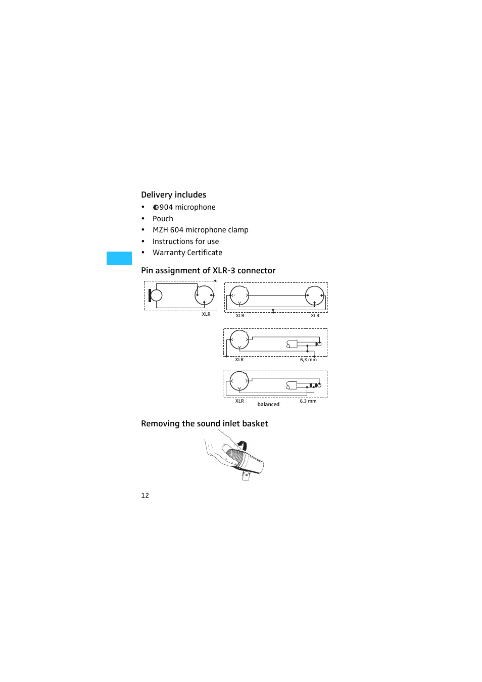 Delivery includes, Pin assignment of xlr-3 connector, Removing the sound inlet basket | Sennheiser E904 User Manual | Page 3 / 10