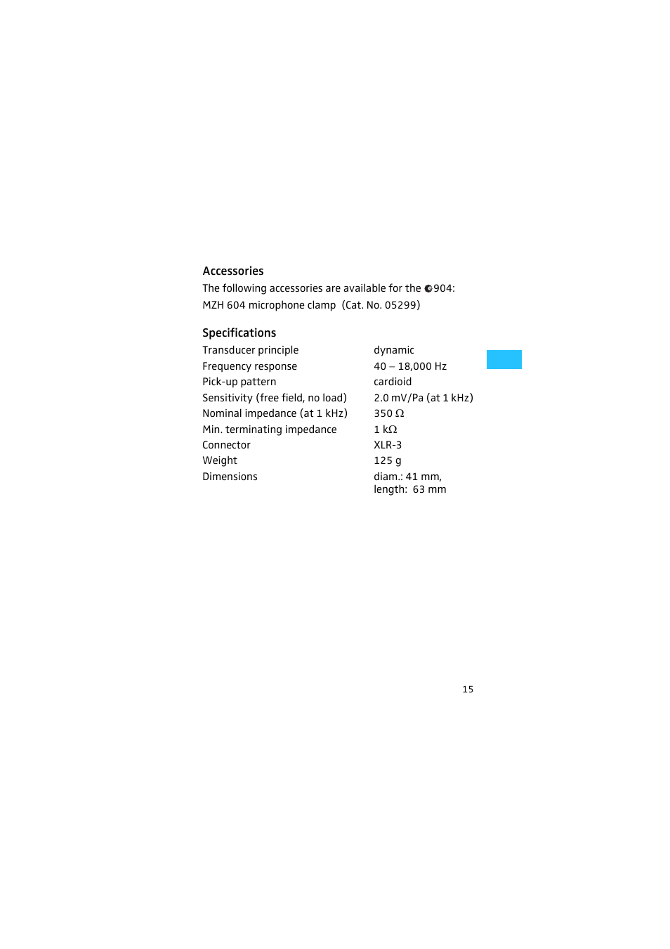 Accessories, Specifications | Sennheiser E904 User Manual | Page 6 / 10