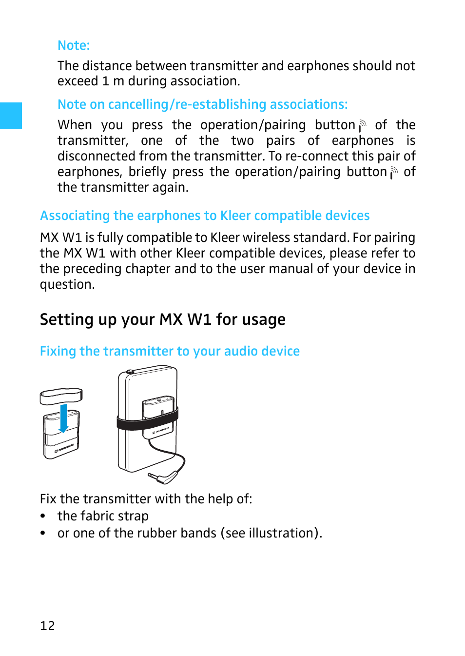 Setting up your mx w1 for usage, Fixing the transmitter to your audio device | Sennheiser Digital Wireless System MX W1 User Manual | Page 13 / 28