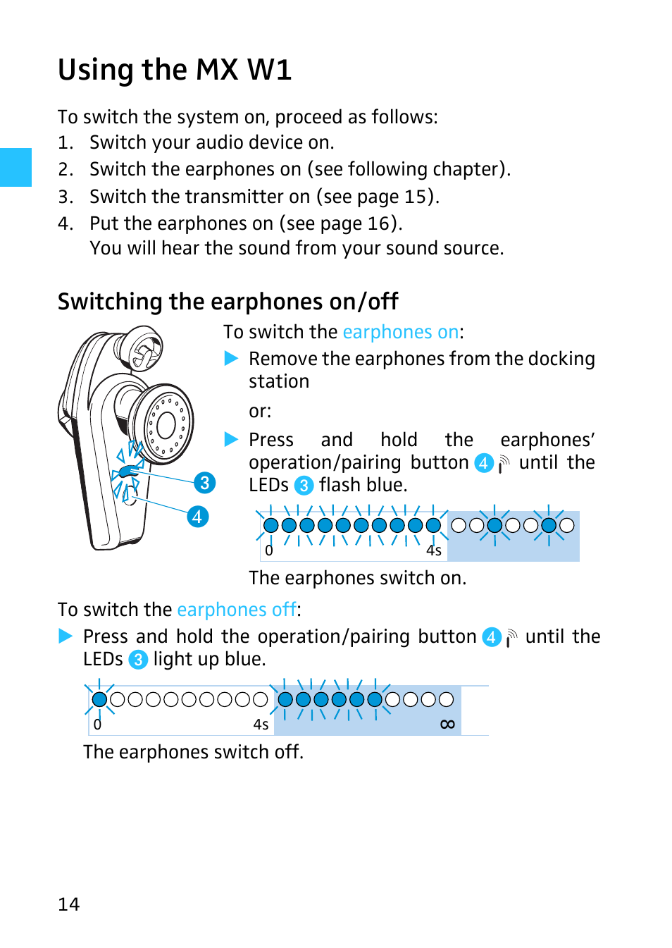 Using the mx w1, Switching the earphones on/off | Sennheiser Digital Wireless System MX W1 User Manual | Page 15 / 28