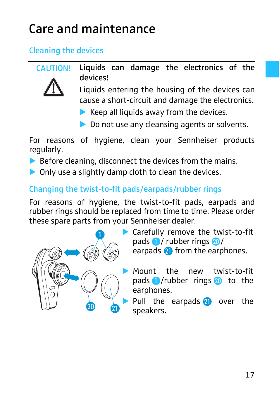 Care and maintenance, Cleaning the devices | Sennheiser Digital Wireless System MX W1 User Manual | Page 18 / 28