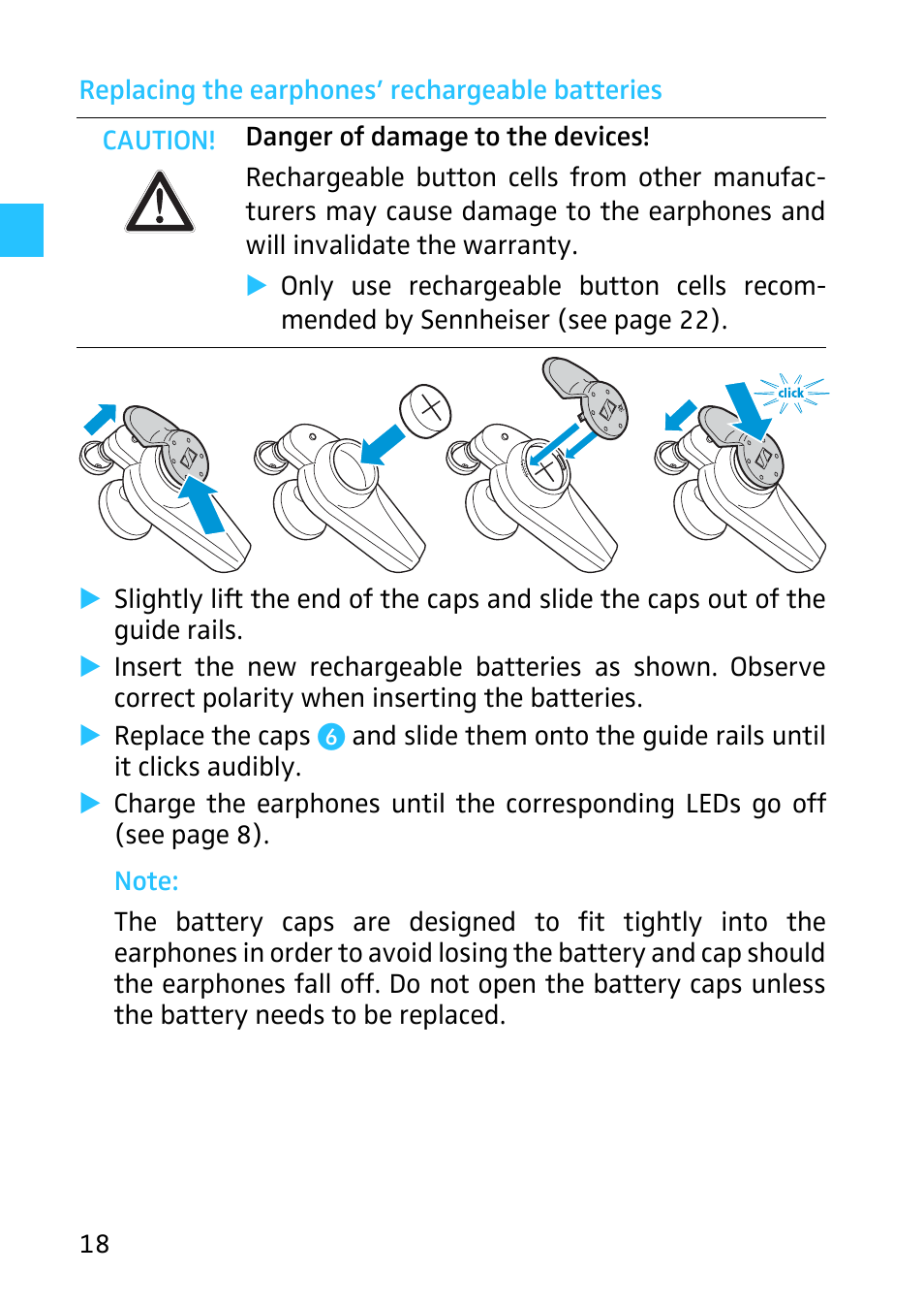 Replacing the earphones’ rechargeable batteries | Sennheiser Digital Wireless System MX W1 User Manual | Page 19 / 28