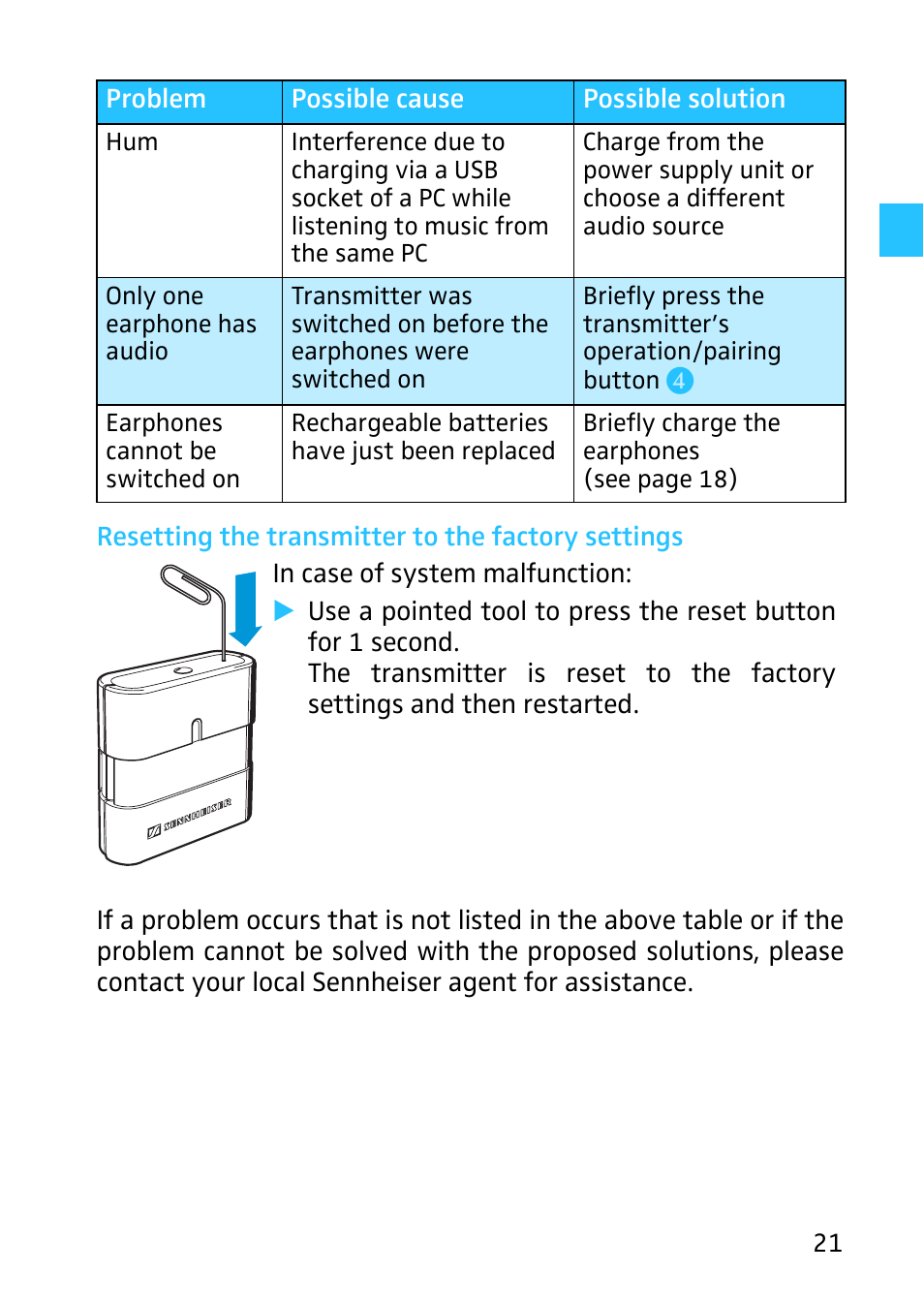 Resetting the transmitter to the factory settings | Sennheiser Digital Wireless System MX W1 User Manual | Page 22 / 28