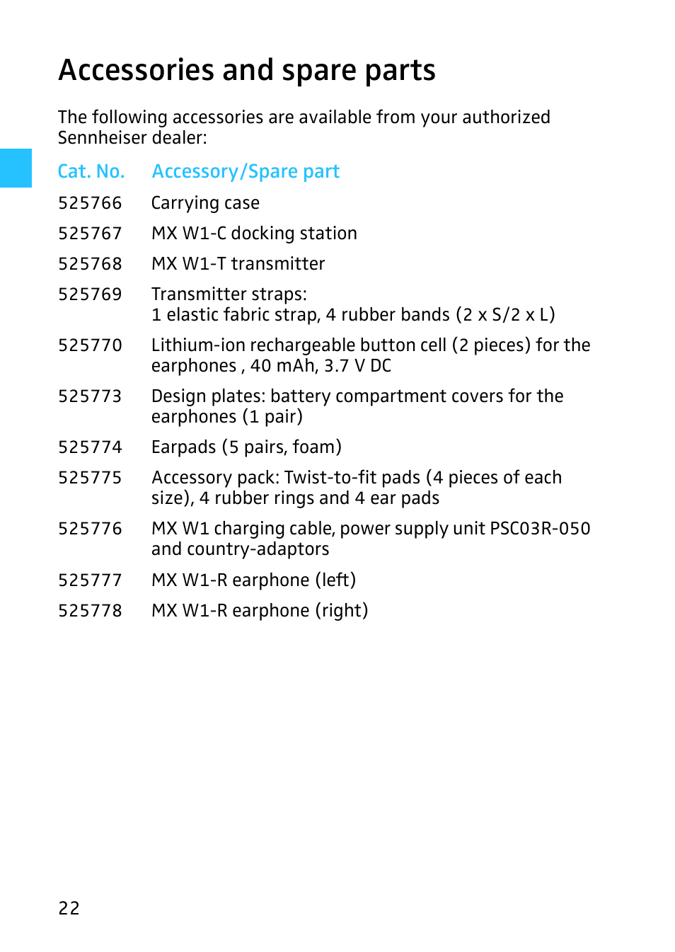 Accessories and spare parts | Sennheiser Digital Wireless System MX W1 User Manual | Page 23 / 28