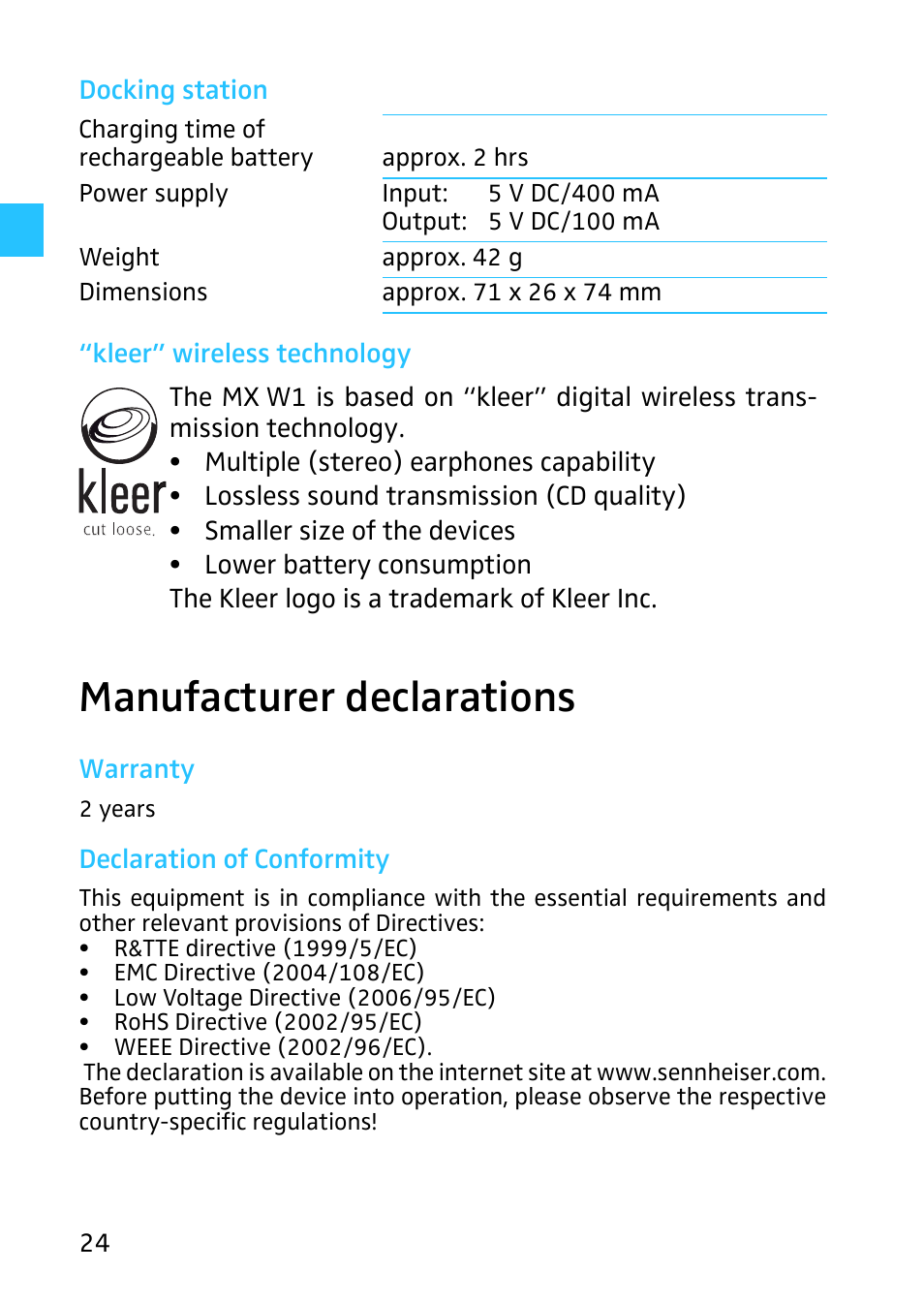 Manufacturer declarations | Sennheiser Digital Wireless System MX W1 User Manual | Page 25 / 28