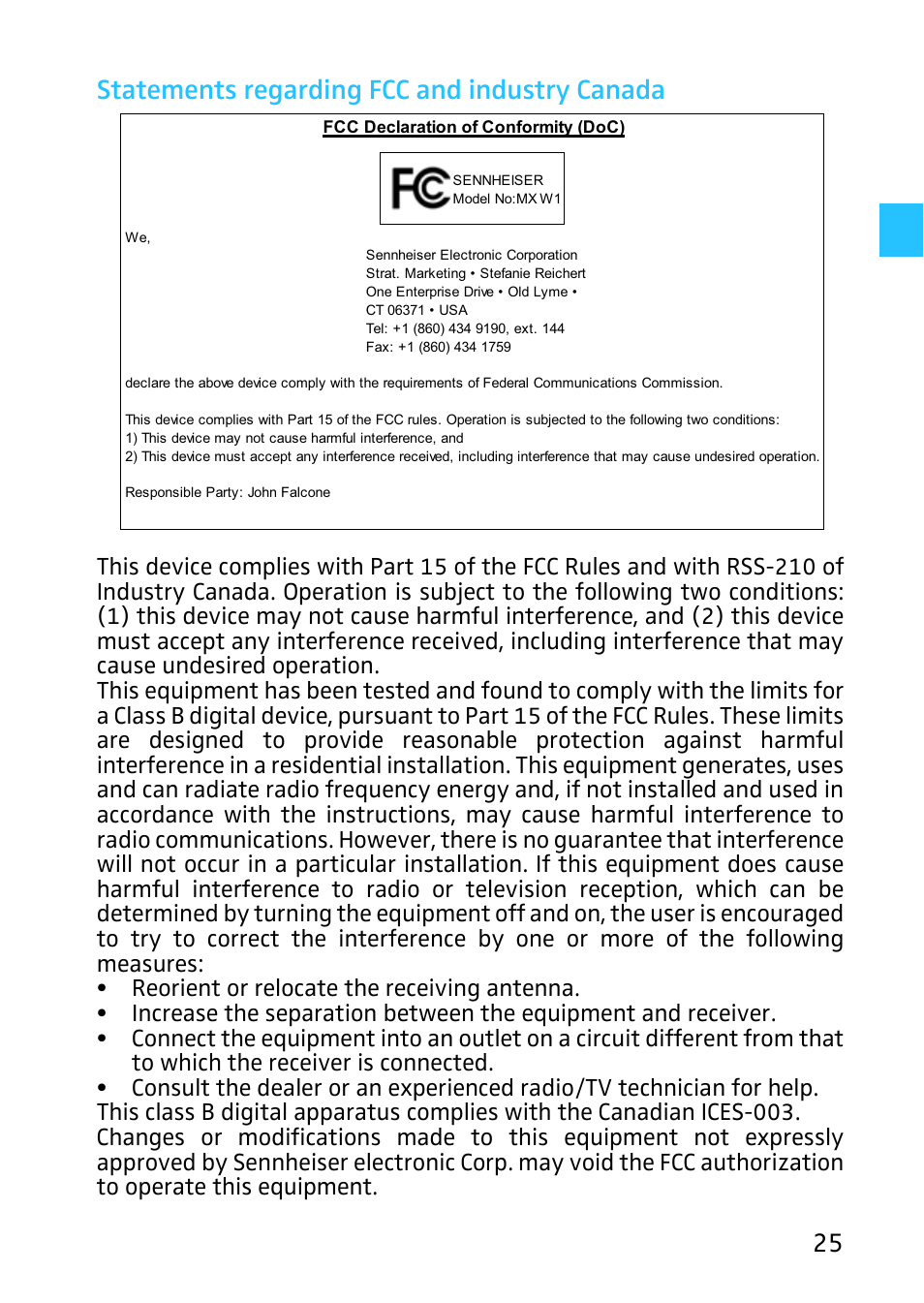 25 statements regarding fcc and industry canada | Sennheiser Digital Wireless System MX W1 User Manual | Page 26 / 28