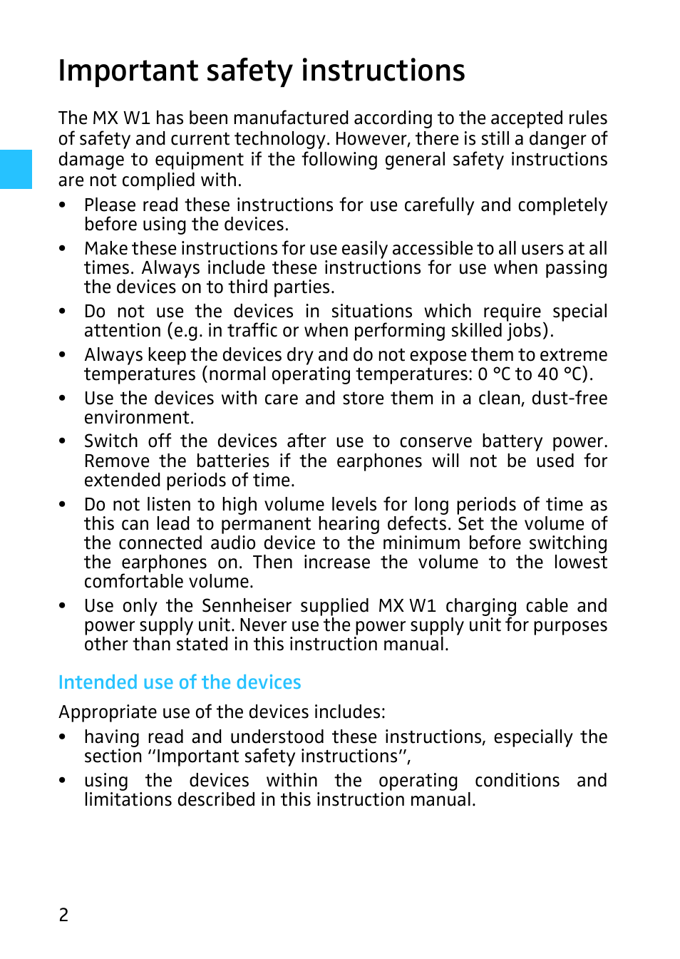 Important safety instructions | Sennheiser Digital Wireless System MX W1 User Manual | Page 3 / 28