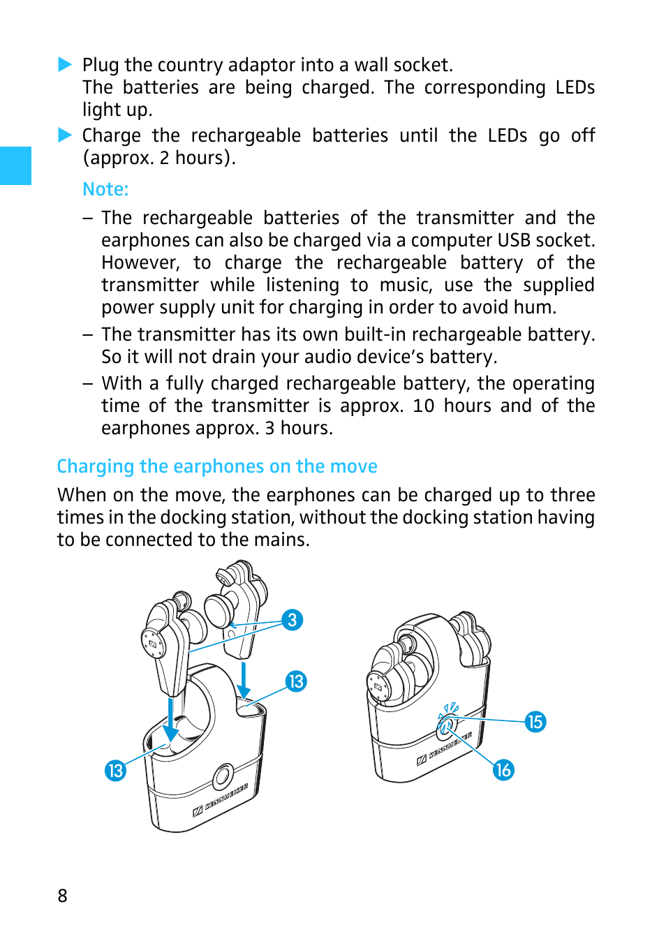 Charging the earphones on the move | Sennheiser Digital Wireless System MX W1 User Manual | Page 9 / 28