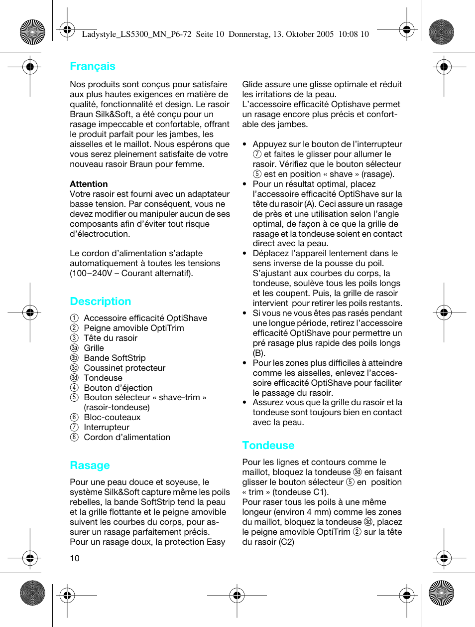 Description, Rasage, Tondeuse | Français | Braun LS 5300 User Manual | Page 10 / 68