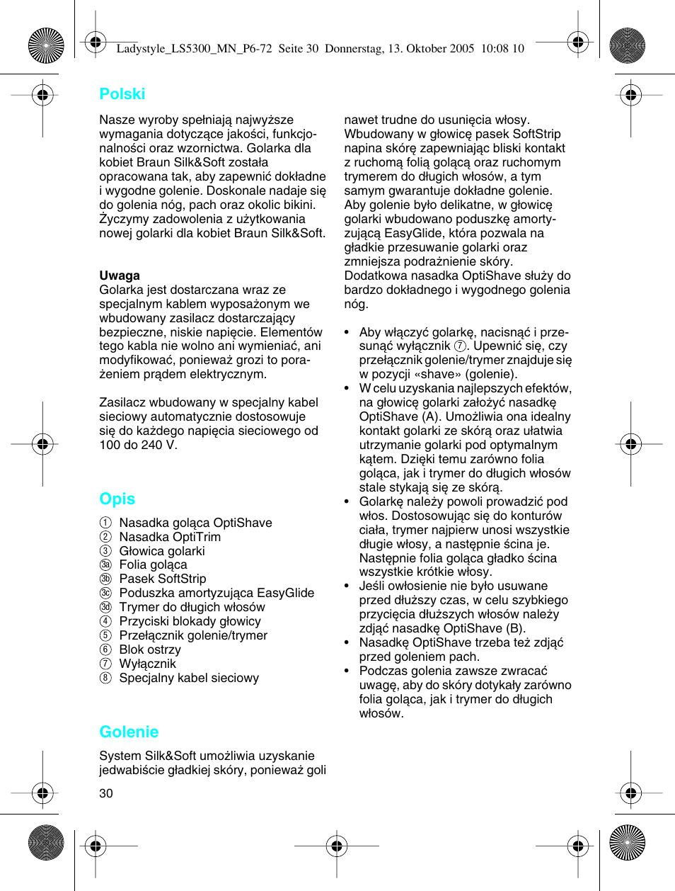 Polski, Opis, Golenie | Braun LS 5300 User Manual | Page 30 / 68